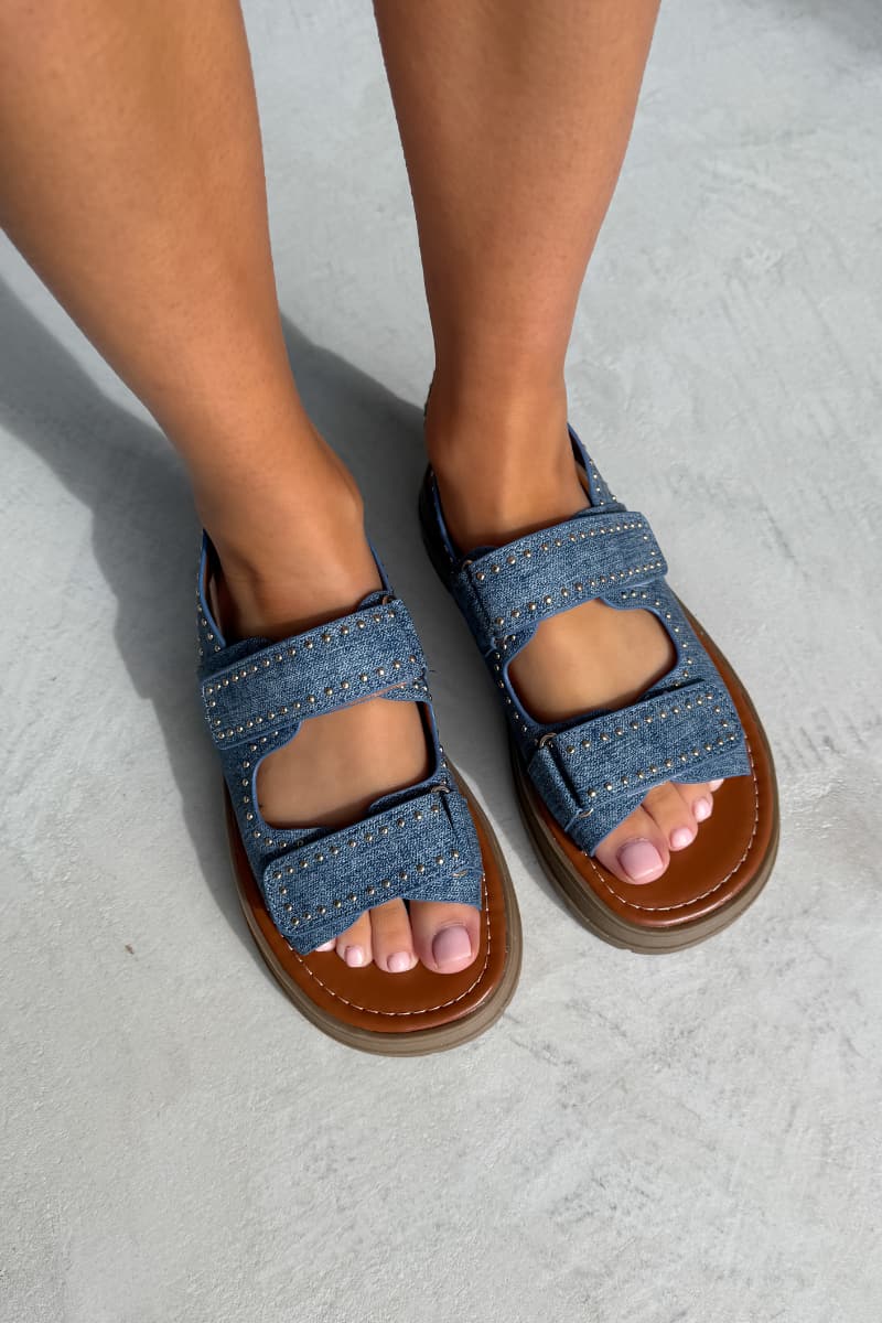 ZARA Chunky Studded Gladiator Sandals - Denim - 4