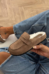 ABBEY Suede Faux Fur Mule Loafers – Taupe