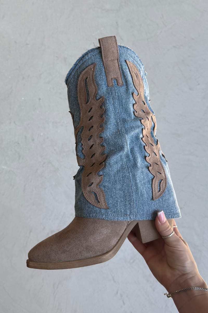 ADA Flared Cowboy Western Boots - Denim/Beige - 1