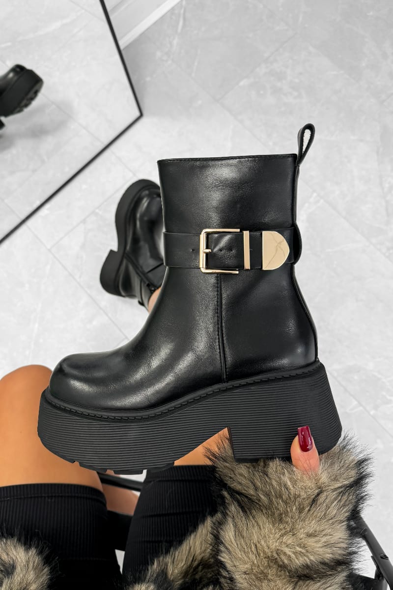ALICE Chunky Buckle Ankle Boots - Black