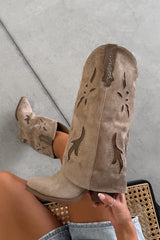 ALINA Flared Studded Cowboy Western Boots - Beige