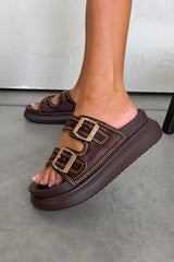 AMELLE Chunky Diamante Buckle Sandals - Brown - 3