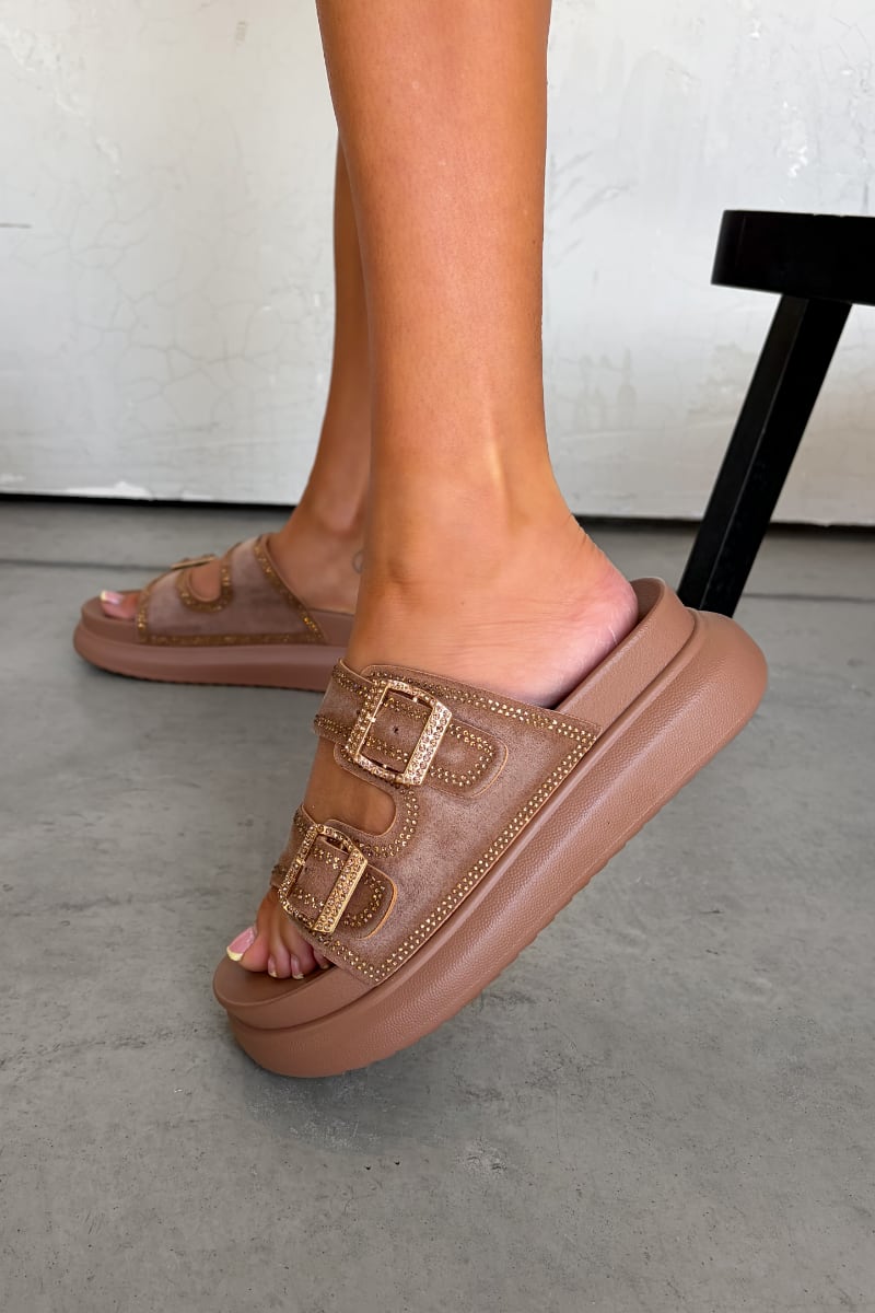 AMELLE Chunky Diamante Buckle Sandals - Camel - 3