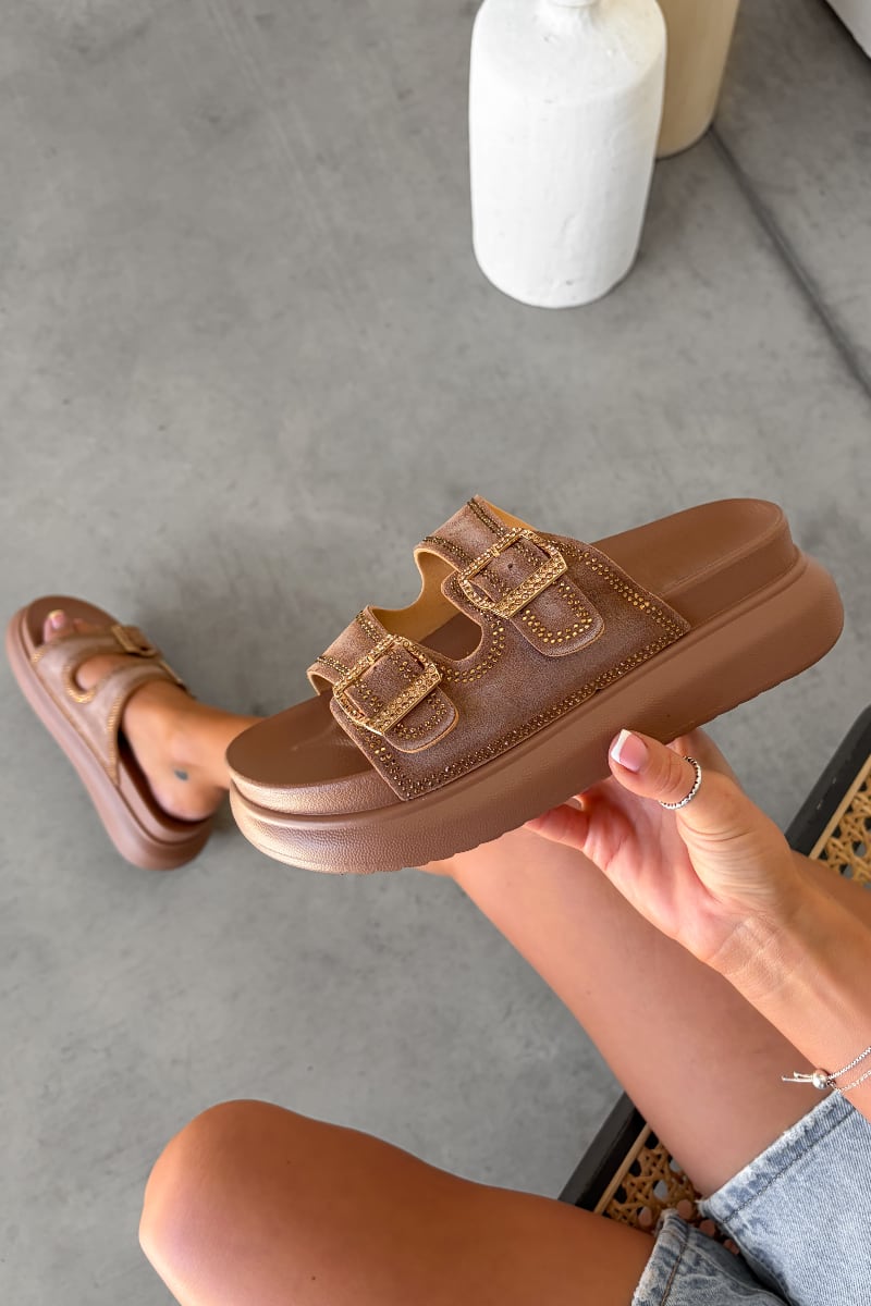 AMELLE Chunky Diamante Buckle Sandals - Camel – AJ VOYAGE