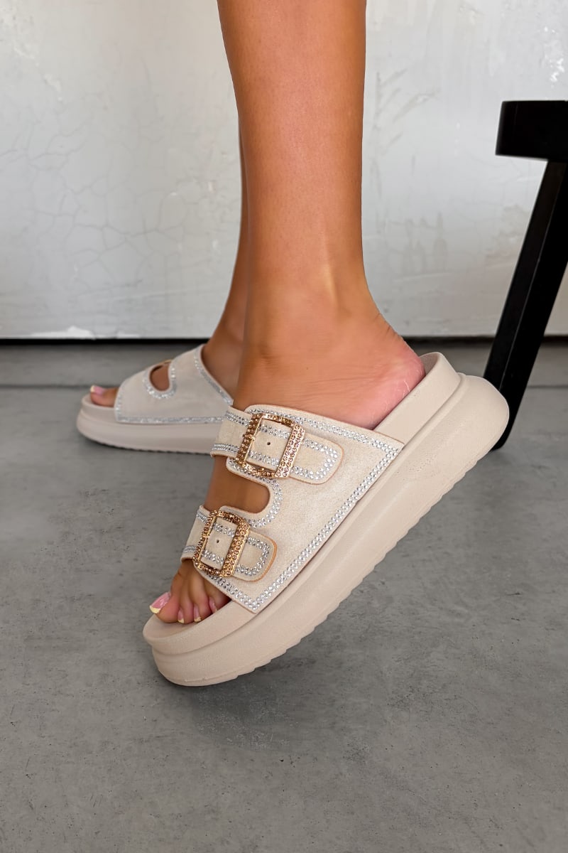 AMELLE Chunky Diamante Buckle Sandals - Beige - 1