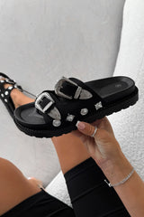 AMI Chunky Studded Western Buckle Sandals - Black/Silver