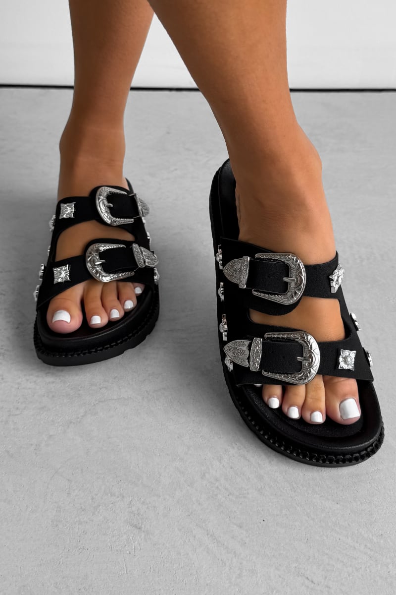 AMI Chunky Studded Western Buckle Sandals - Black/Silver