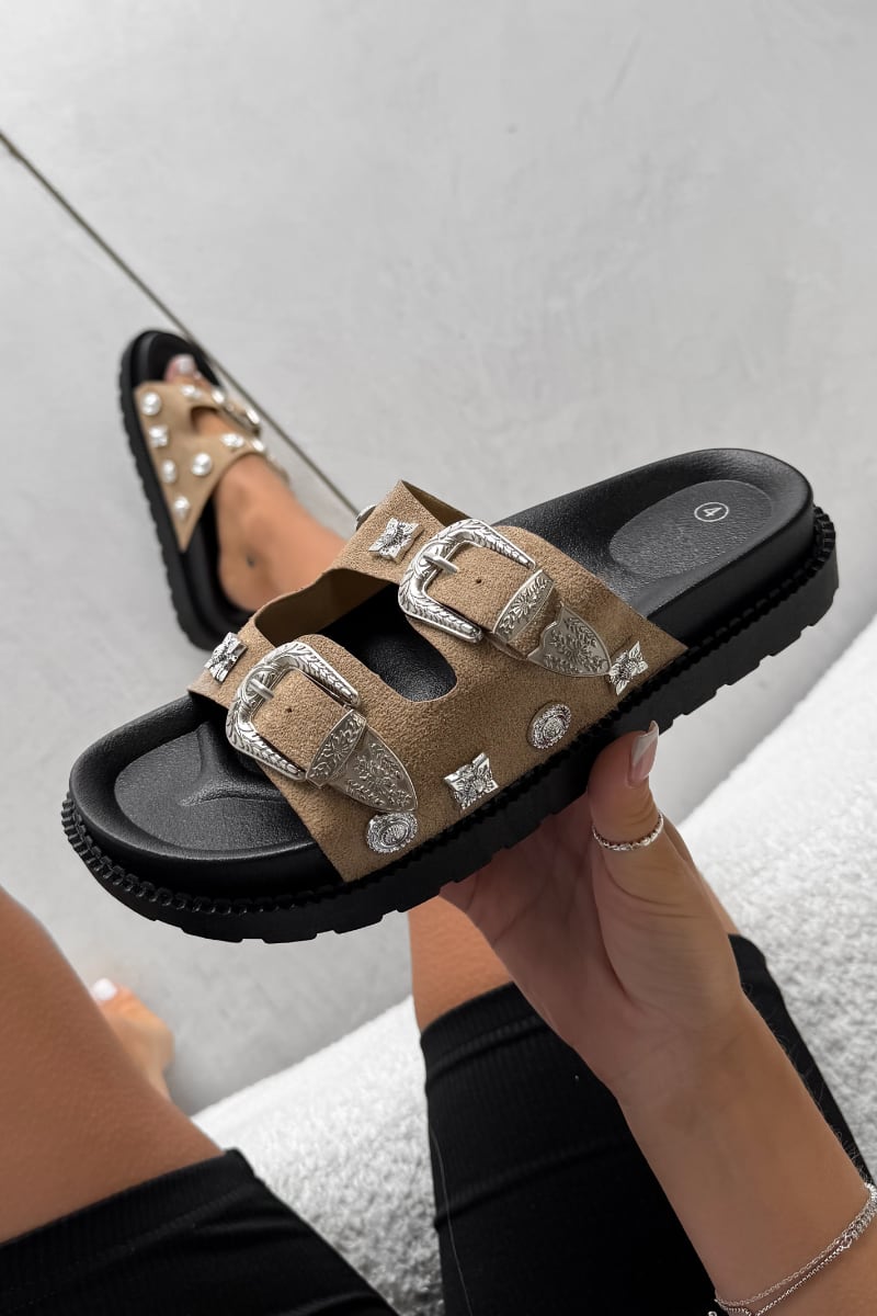 AMI Chunky Studded Western Buckle Sandals - Taupe