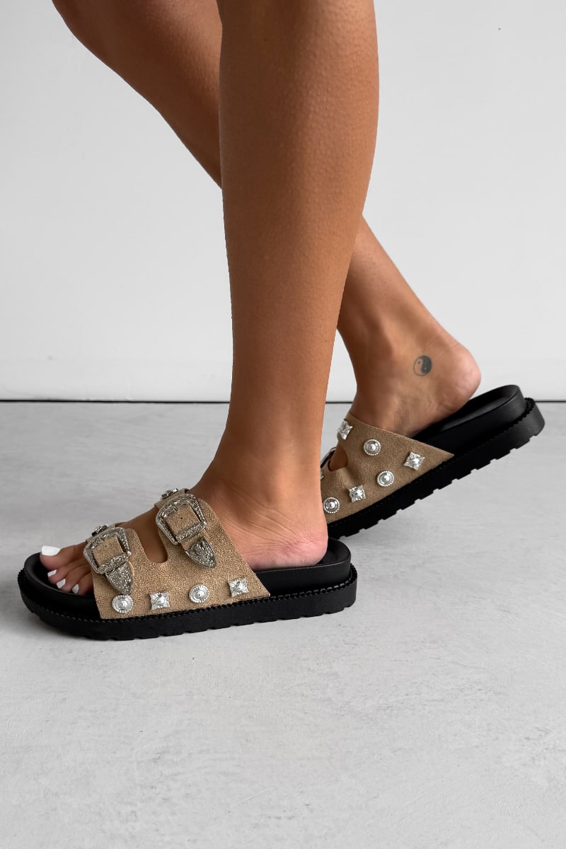 AMI Chunky Studded Western Buckle Sandals - Taupe - 3