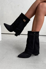 APRIL Flared Calf Boots - Black Suede - 1