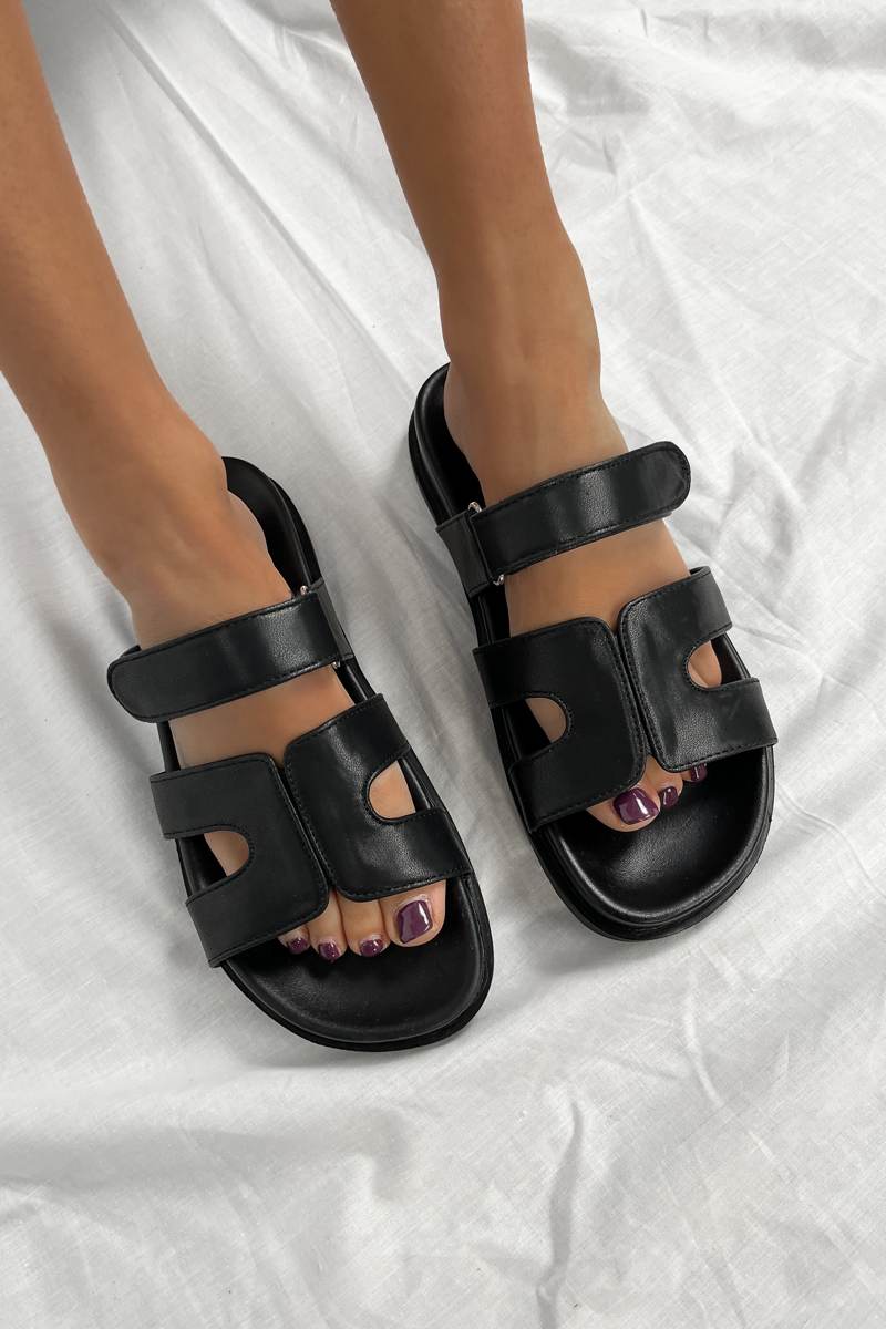 ASHTON Gladiator Velcro Slider Sandals - Black PU - 5