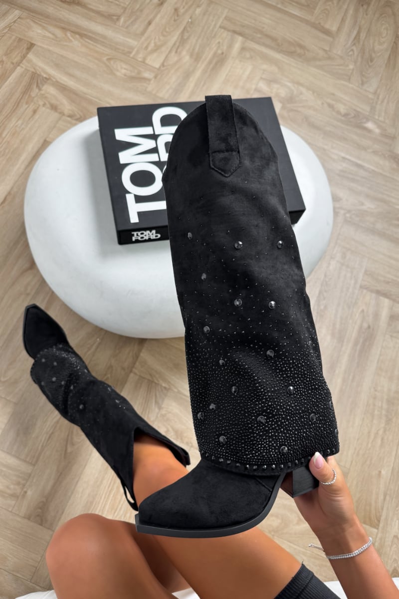 ATLANTA Flared Diamanté Cowboy Western Boots - Black