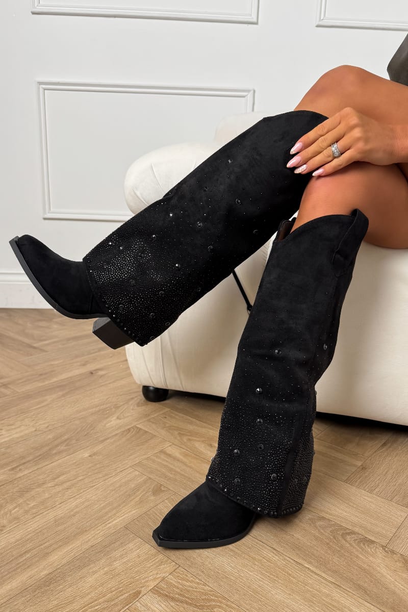 ATLANTA Flared Diamanté Cowboy Western Boots - Black