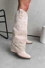 ATLANTA Flared Diamanté Cowboy Western Boots - Cream - 1