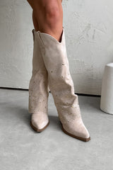 ATLANTA Flared Diamanté Cowboy Western Boots - Cream - 2