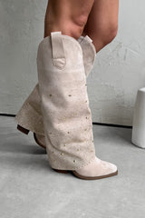 ATLANTA Flared Diamanté Cowboy Western Boots - Cream - 4