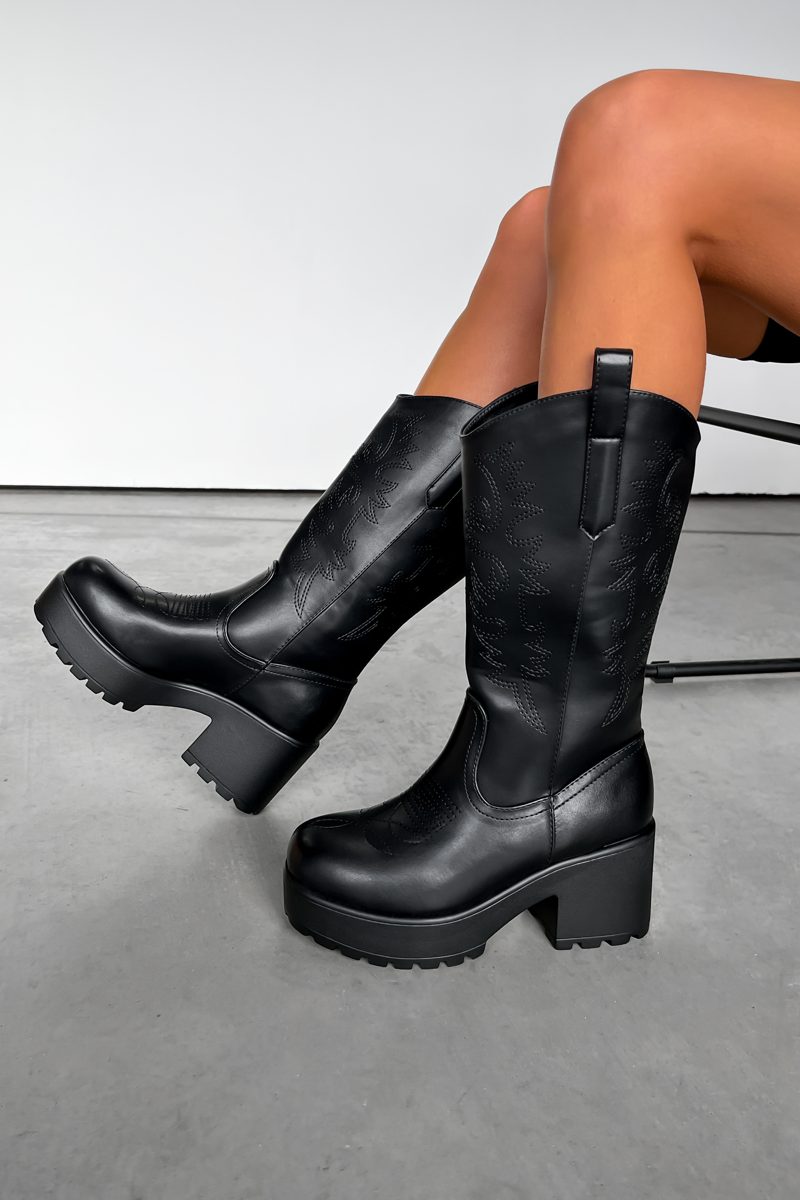 AUSTIN Chunky Cowboy Western Mid Boots Black – AJ VOYAGE