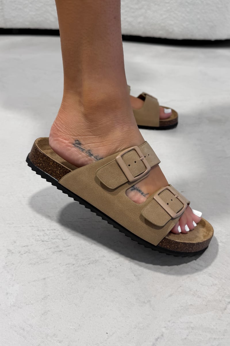 AYSHA Chunky Buckle Cork Sandals - Taupe - 3