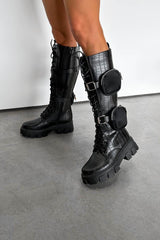 BUCKLE UP Chunky Knee High Pocket Boots - Black Croc - 3