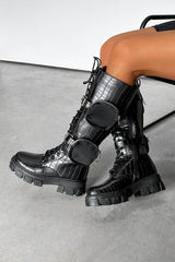 BUCKLE UP Chunky Knee High Pocket Boots - Black Croc - 1