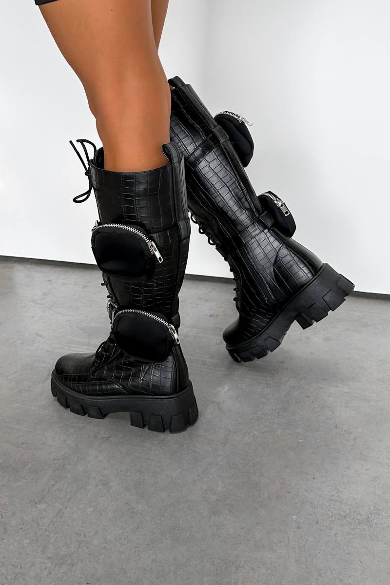 Knee High Boots Outfit Black Croc Boots Avery Pointed Toe Stiletto