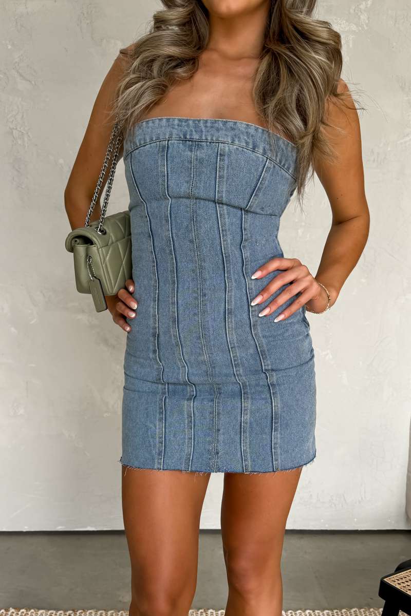 Bandeau Denim Mini Dress - Light Blue - 1
