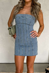 Bandeau Denim Mini Dress - Light Blue - 1