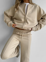 Bomber Jacket Jogger Tracksuit Set - Beige - 1