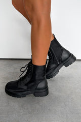 JESSIE Chunky Lace Up Ankle Boots - Black Nylon - 2