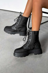JESSIE Chunky Lace Up Ankle Boots - Black Nylon - 1