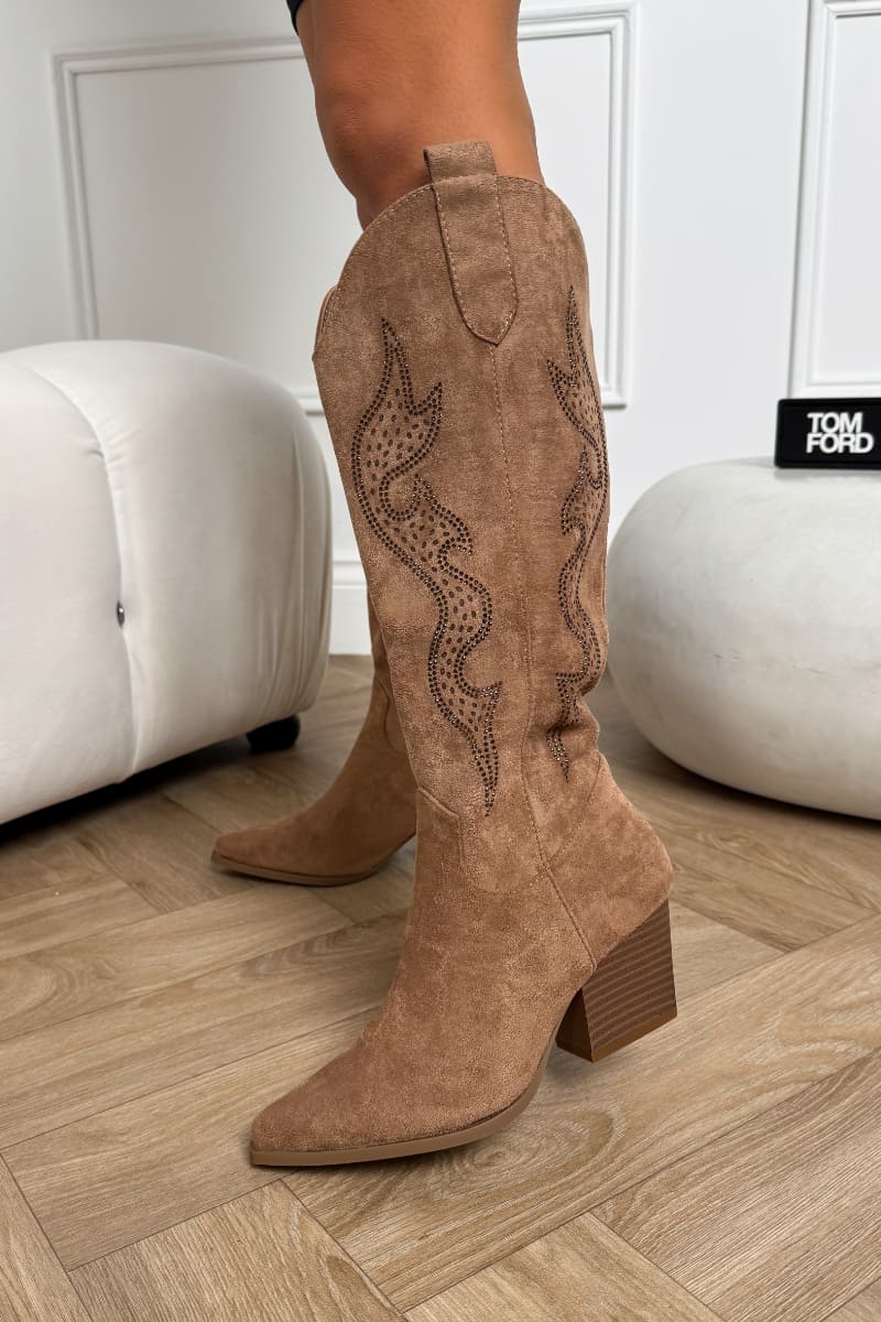 CAREY Diamanté Cowboy Western Boots - Camel
