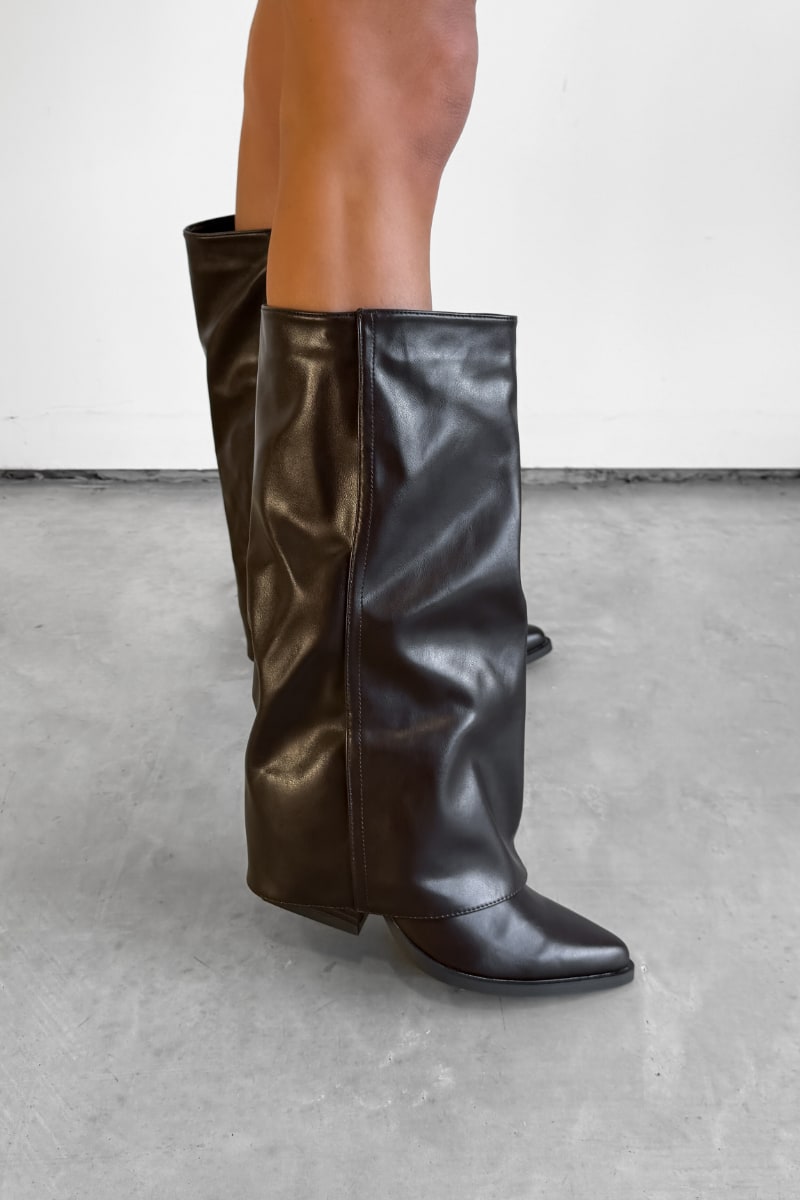 CARLA Knee High Fold Detail Boots - Brown PU - 4