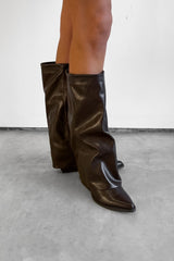 CARLA Knee High Fold Detail Boots - Brown PU