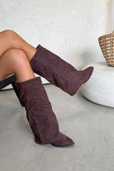 CARLA Knee High Fold Detail Boots - Brown Suede - 1