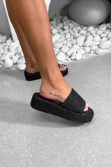 CARLY Chunky Rattan Slider Sandals - Black - 3