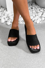 CARLY Chunky Rattan Slider Sandals - Black - 1