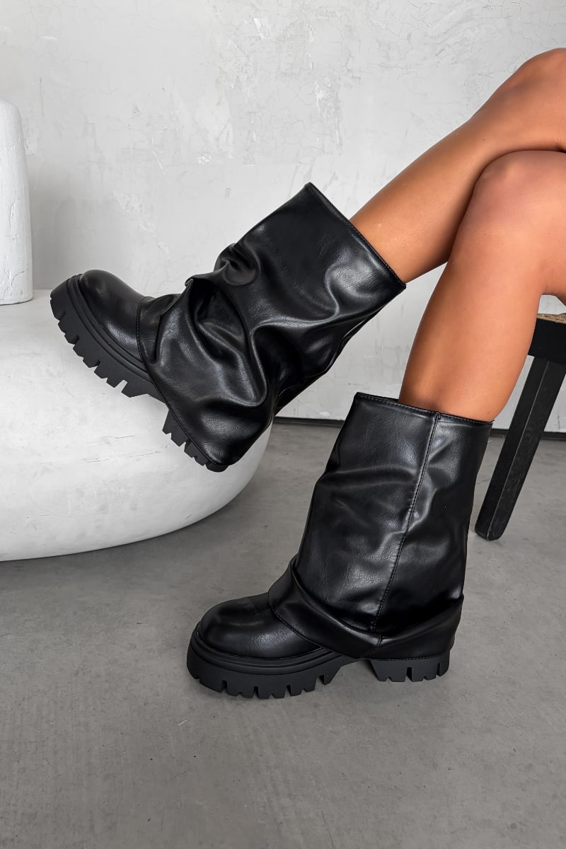 CARYS Mid Calf Ruched Platform Boots - Black - 2