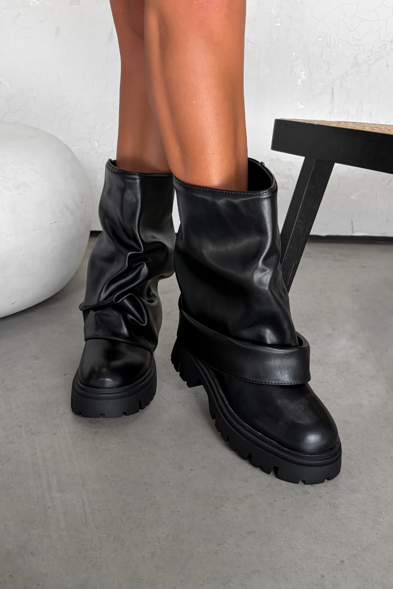 CARYS Mid Calf Ruched Platform Boots - Black - 3