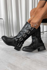 CHAOS Chunky Midi Biker Boots - Black PU - 6