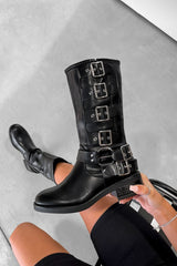 CHAOS Chunky Midi Biker Boots - Black PU