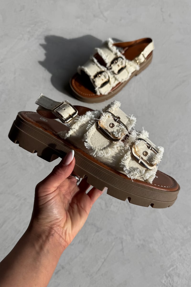 CHARLIE Chunky Buckle Sandals - Cream Denim
