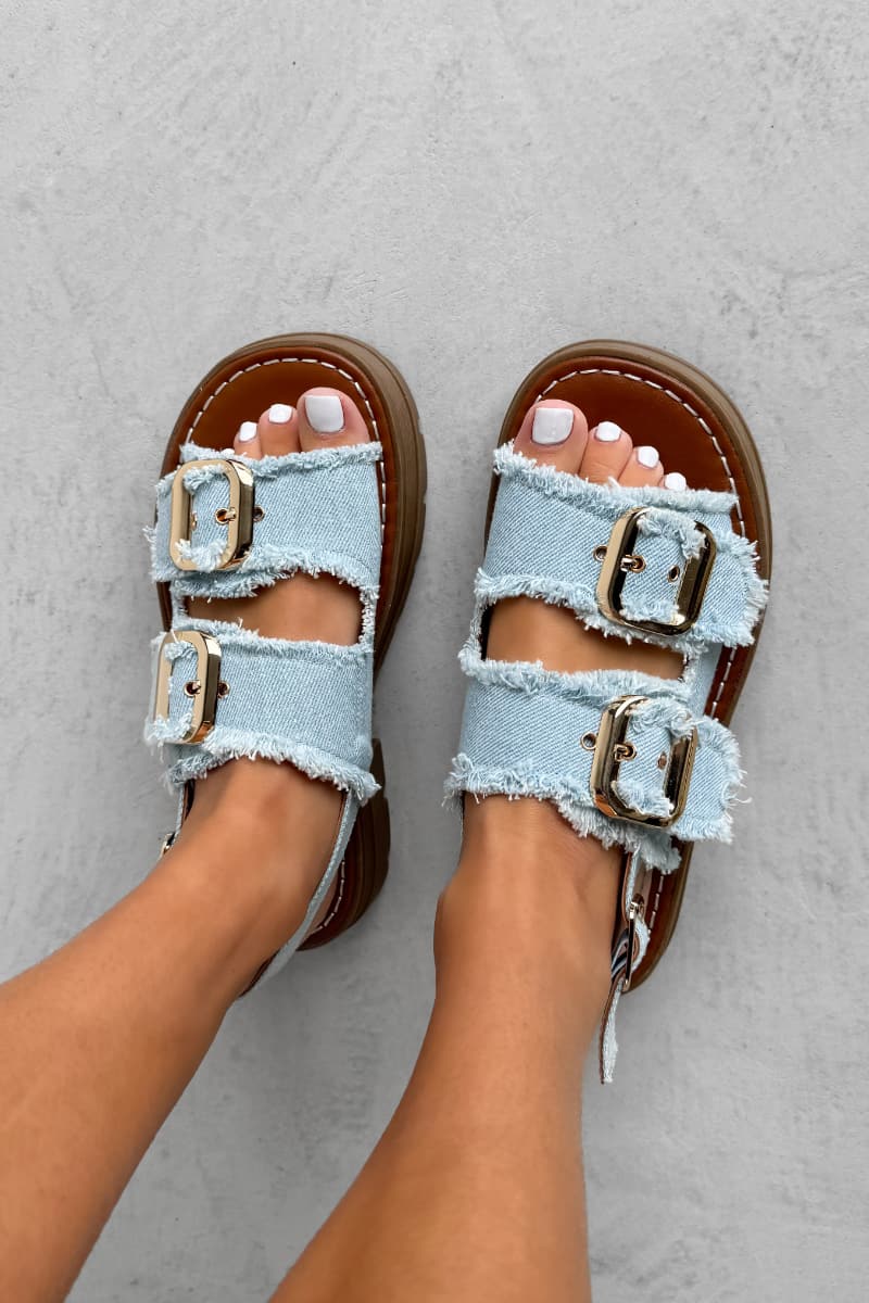 CHARLIE Chunky Studded Buckle Sandals - Denim - 1