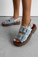 CHARLIE Chunky Studded Buckle Sandals - Denim - 5