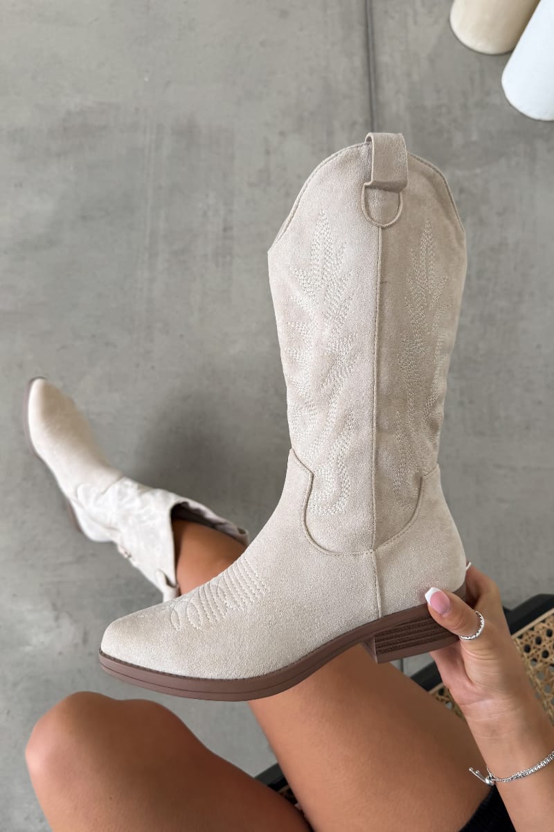 CODY Low Heel Cowboy Western Boots - Beige