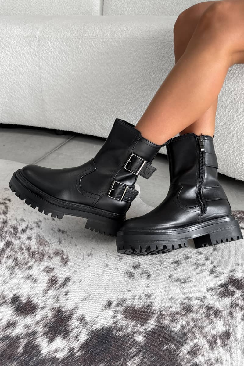 CONTENDER Buckle Chunky Ankle Boots - Black PU - 3