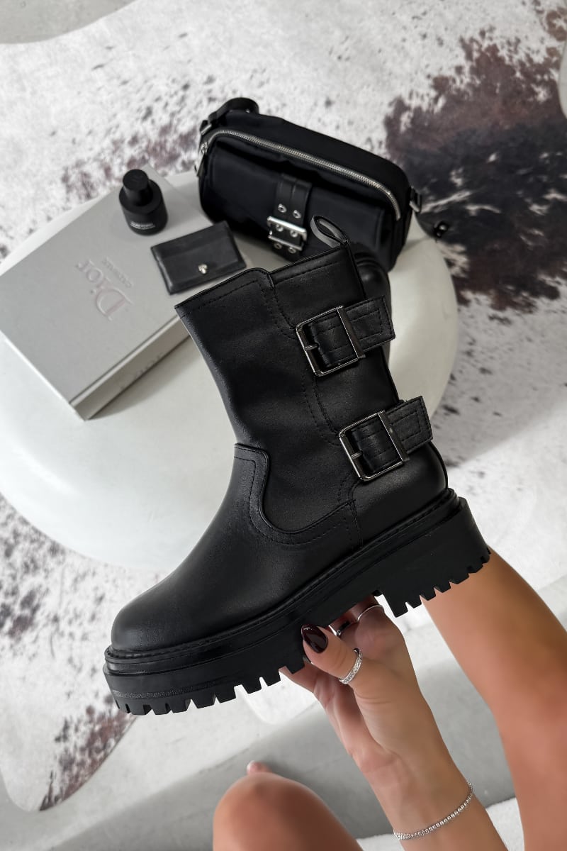 CONTENDER Buckle Chunky Ankle Boots - Black PU - 5