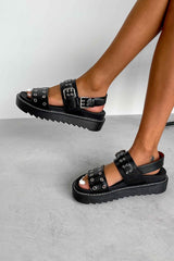 CONTROL Chunky Eyelet Gladiator Sandals - Black PU - 6