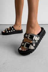 CORIE Chunky Studded Western Buckle Sandals - Black
