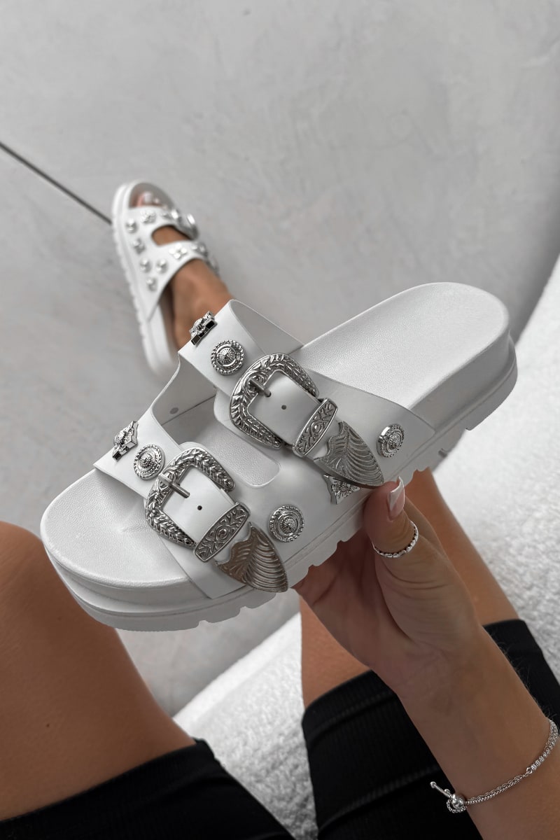 CORIE Chunky Studded Western Buckle Sandals - White