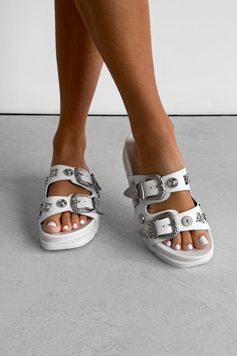 CORIE Chunky Studded Western Buckle Sandals - White
